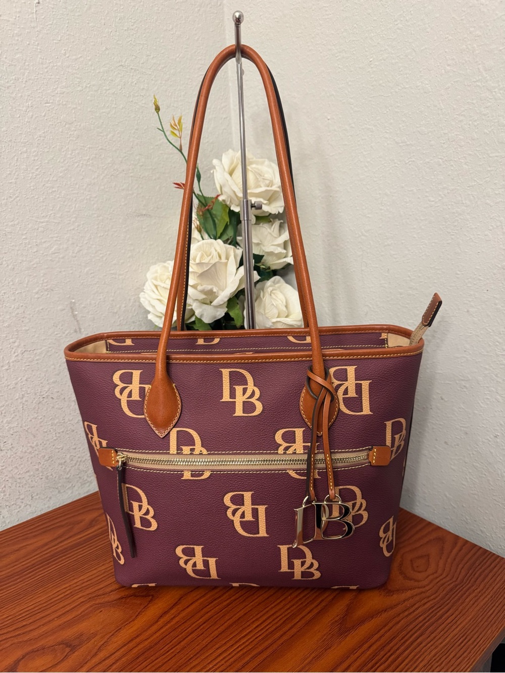 Dooney & Bourke Plum Logo Tote with Tan Trim